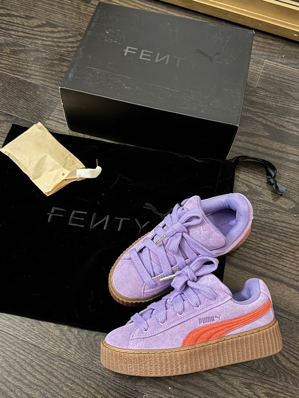 Puma x Fenty Lavender Suede Platform Sneakers with Orange Stripe